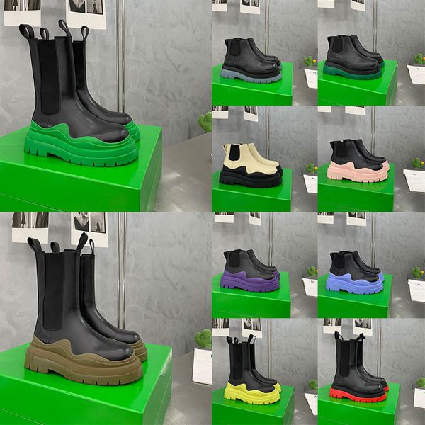 

size 35-44 men designer boots tire leather women half ankle boots mens fashion wave brown clear colored rubber outsole elastic webbing outdo, Black