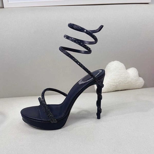 

rhinestone 13cm stiletto heel sandals women platform super high shoe fashion luxury designer dress shoes satin snake-shaped coiled party wed, Black
