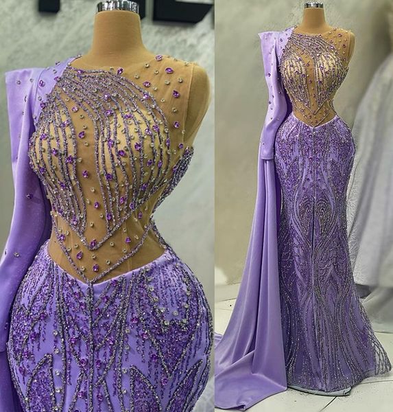

2023 april aso ebi lilac mermaid prom dress crystals beaded evening formal party second reception birthday engagement gowns dresses robe de, Black
