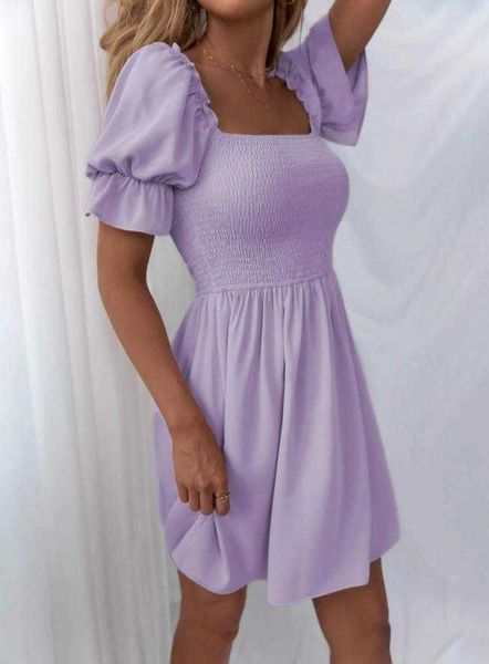 

tong summer square collar smocking dress simple solid color for women, Black;gray