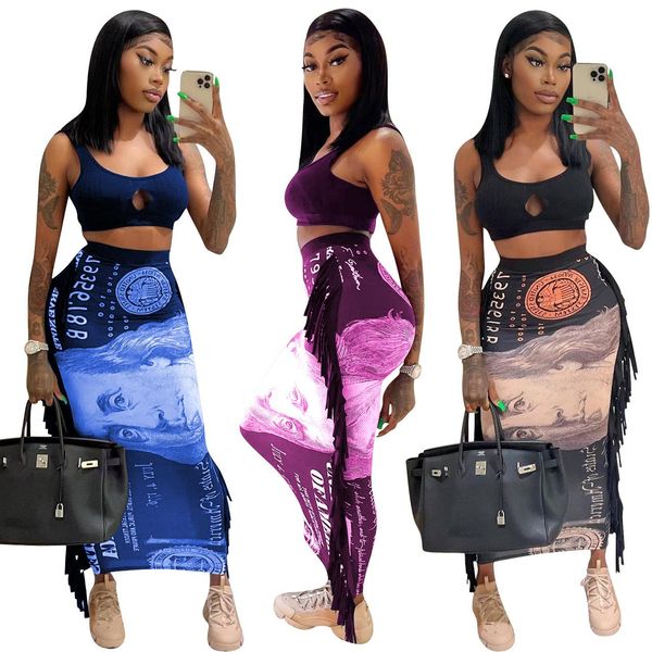 

dress kwastje geld lange rokken sets vrouwen solid tank mouwloze crop en us dollar gedrukt rok zomer 2 stuks club outfits, White