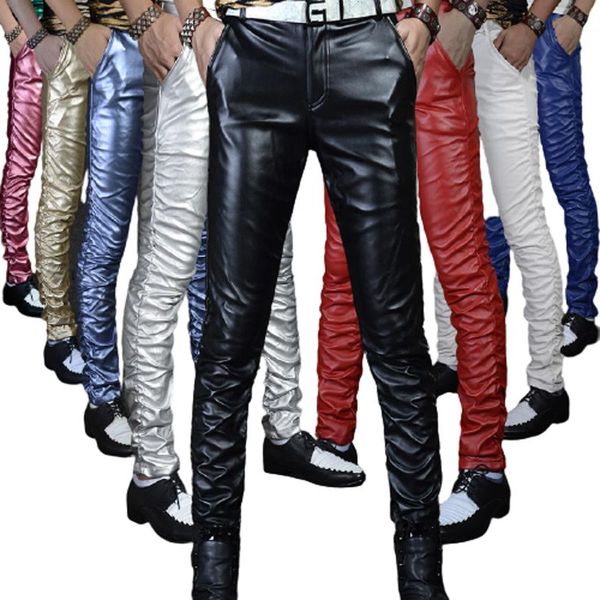 

pants motorcycle leather pants men 2022 fashion nightclub stage singer party slim pu mens faux leather pants trousers, Black