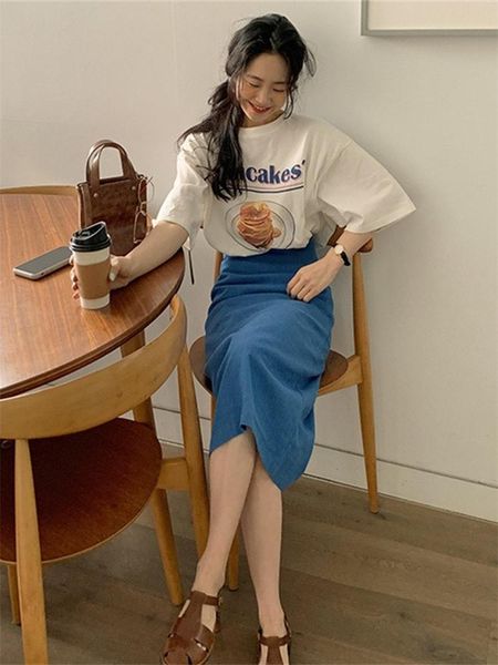 

dress new girls summer tshirt women suit shirt short sleeves high waist long solid a line skirts two piece suits sell separately, White