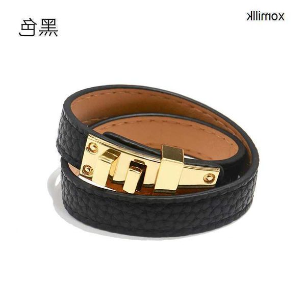 

hermm elegant jade bangle bracelet punk double circle square buckle eye face alloy litchi pattern pu bracelet 8g2e, Black