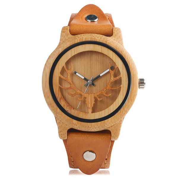 

steampunk natural wood watches deer elk dial men's bamboo wrist watch quartz clock black brown leather bracelet strap gift2937, Slivery;brown
