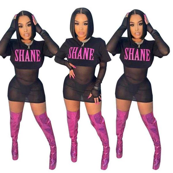 

womens fashion letter print dress short sleeve two piece mesh, Black;gray