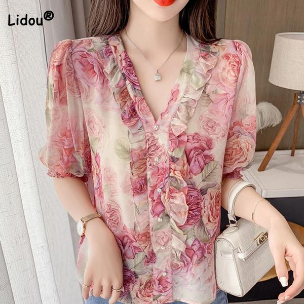 

t-shirt temperament sweet vneck ruffles button floral printing half sleeve ice silk shirt summer clothes for women loose chiffon, White