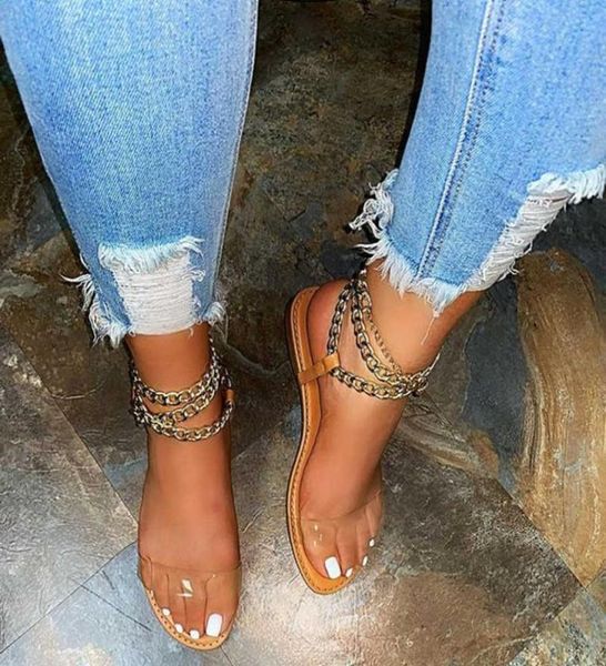

new summer flat sandals rome style solid color chain open toe outdoor women039s shoes 2021 trendy ladies slipper plus size 43 y4636105, Black
