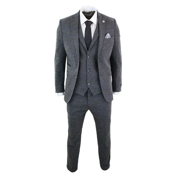 

blazers grey 3 piece wedding tuxedos notched lapel two buttons herringbone tweed formal men suits custom made peaky blinders bridegroom, White;black