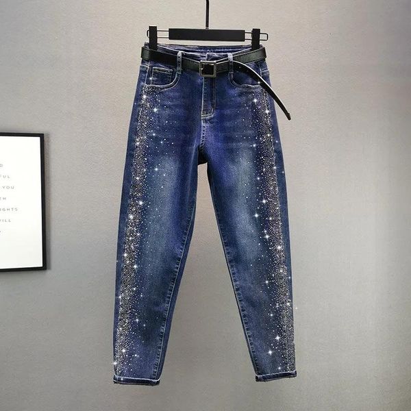 

capris spring autumn denim streetwear women vintage loose diamonds high waisted jeans anklelength harem pants korean fashion trousers, Black;white