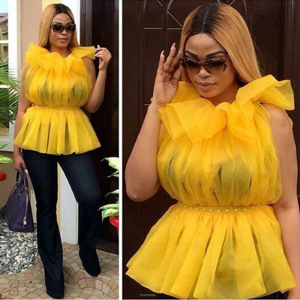 

women's blouses shirts puffy tulle ruffle long sleeve elegant round neck shirt loose casual custom made any color 230421, White