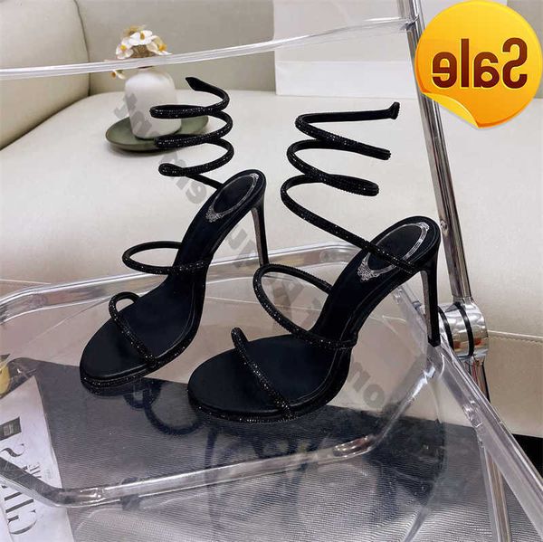 

2022 margot jewel sandals snake twining elegant sandal 10cm stiletto high heel rene caovilla crystal gold rhinestone dress shoes silver sole, Black