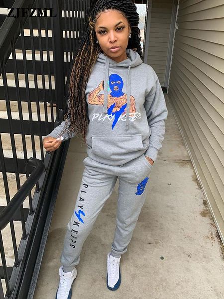 

pants cartoon letter printed women's sport suit pockets hooded long sleeve pullover and workout jogger sweatpant two piece outfit, White