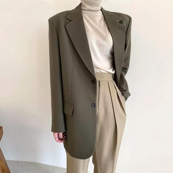 

pants office lady loose blazer women notched collar single breasted long sleeve blazer femenino 2021 autumn winter vintage suit coat, White