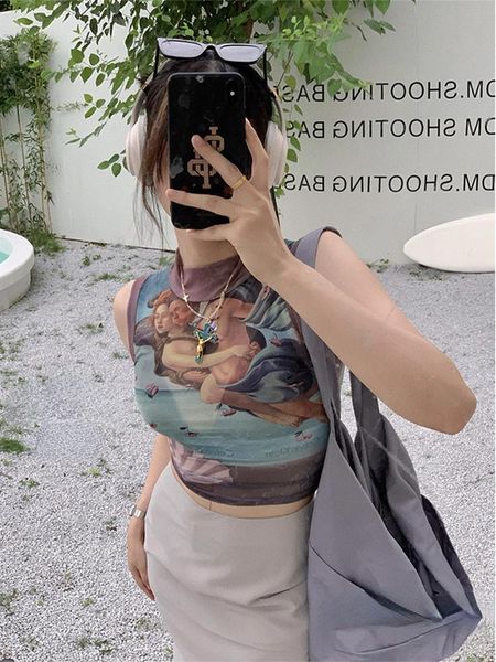 

tanks y2k kawaii halfhigh collar print cropped sleeveless chic mini vest women 2022 summer casual basic tank streetwear, Black;white