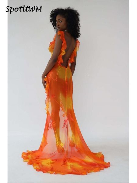 

casual dresses orange tie dyed printed trailing dress low cut backless ruffle high split long dresses summer chic female party evening robe, Black;gray