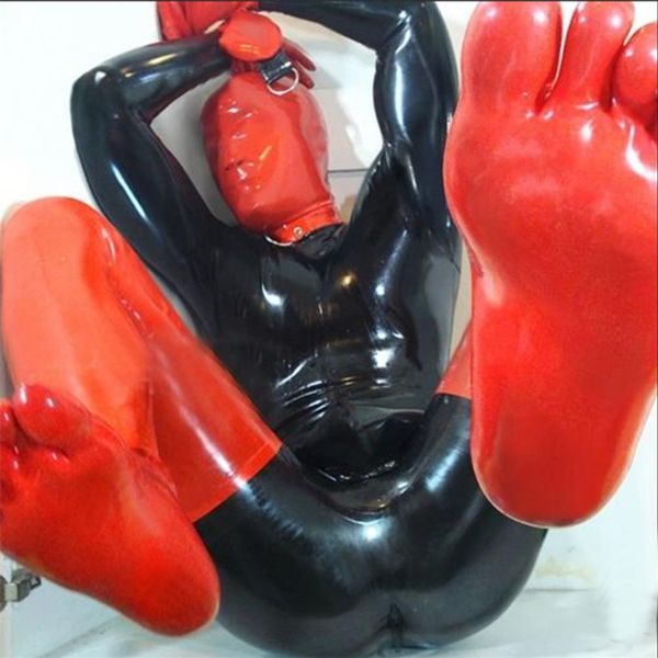 

full cover men's latex catsuit fetish erotic costumes rubber bodysuit for men with detachable d button gloves and five t280d, Black