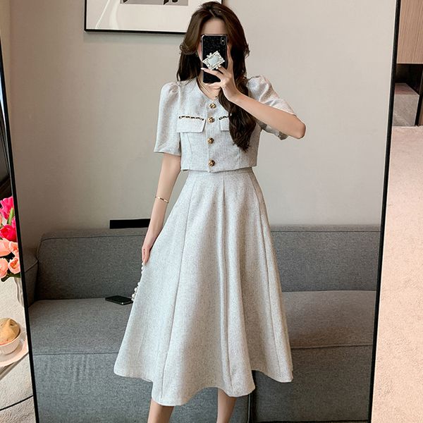 

two piece dress small fragrant summer fashion korean sweet elegant 2 piece set women coat midi skirt suits womens two peice sets 230422, White