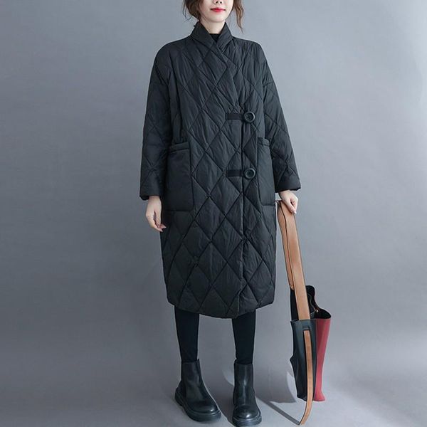 

leather women casual parka coats new 2021 winter korean style vintage streetwear loose fmale thick warm long jackets b1157, Black