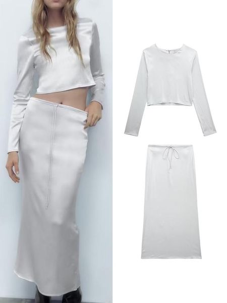 

dress traf elegant soft silk skirt sets 2022 vintage long sleeve back zipper blouse female casual skirt ladies fashion streetwear, White