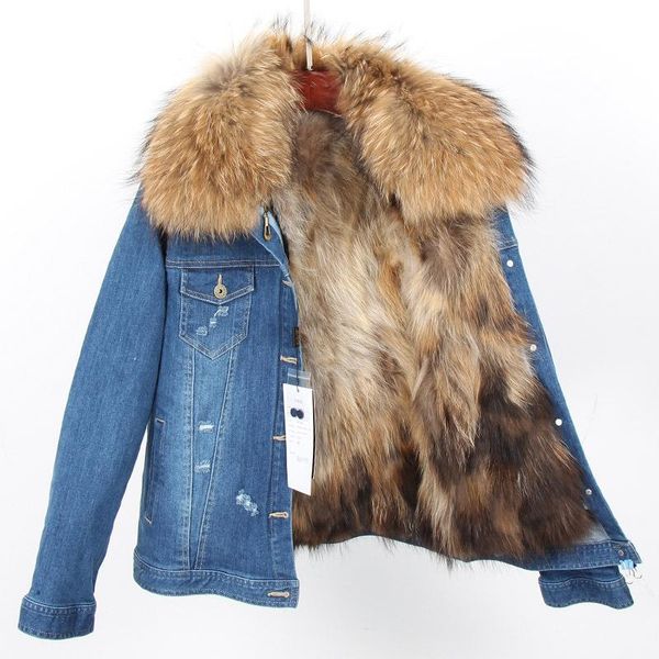 

fur fur lover 2022 new fashion women's denim jacket natural fur coat parkas female coat winter real raccoon fur collar jeans jacket, Black