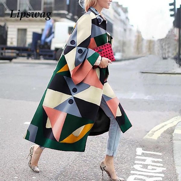 

raincoats autumn vintage colorful block print women long coat 2020 fashion long lantern sleeve jackets fashion ladies elegant windbreaker, Black
