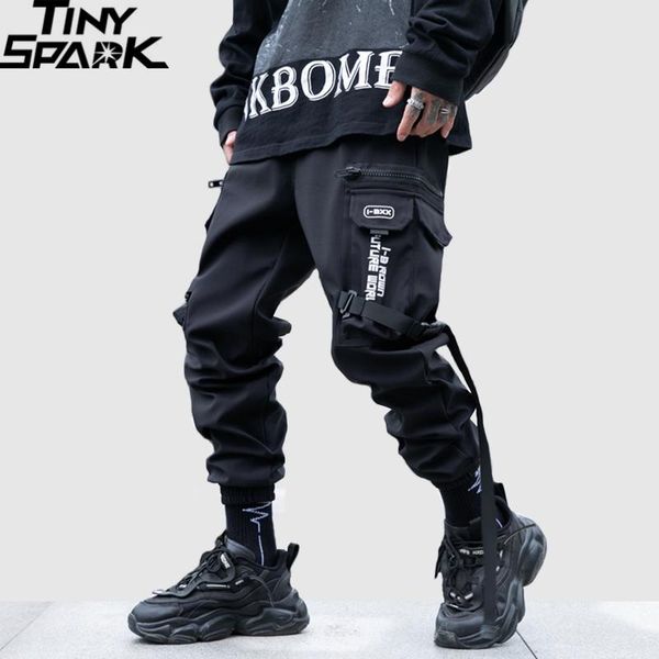 

pants 2022 hip pants joggers streetwear cargo pants zipper pockets swag ribbon harajuku men hip hop trousers joggers black hipster