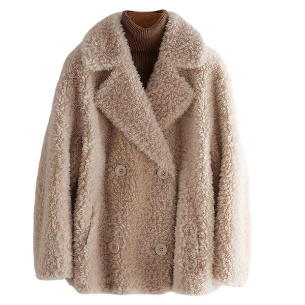 

fur hwitex woman jacket real fur coat wool shearling casual lady winter lapel trench fur wool coats hw1094, Black