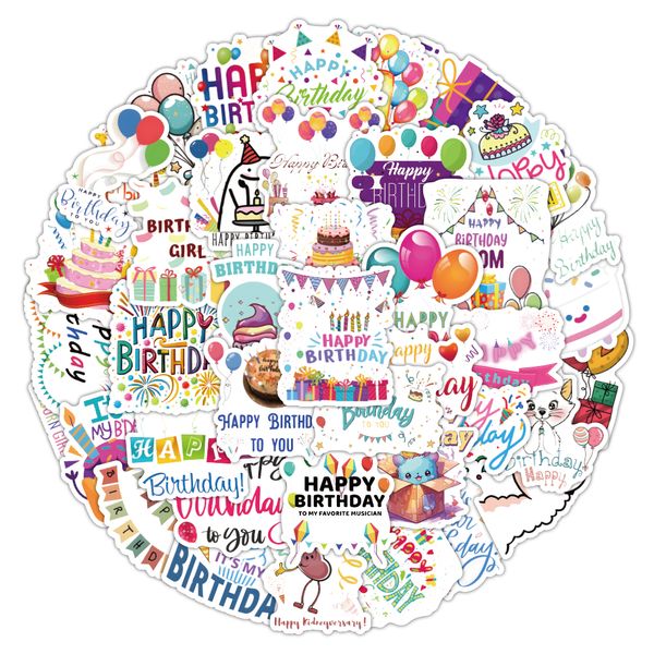 

52pcs Happy Birthday Greetings graffiti Waterproof PVC Stickers Pack For Fridge Car Suitcase Laptop Notebook Cup Phone Desk Bicycle Skateboard Case.