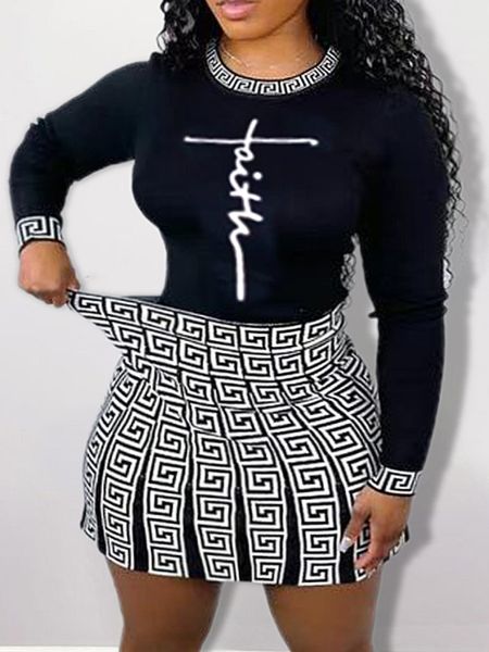 

two piece dress lw plus size women clothing outfits letter geometric print skirt set mini 2pc autumn suit 230421, White