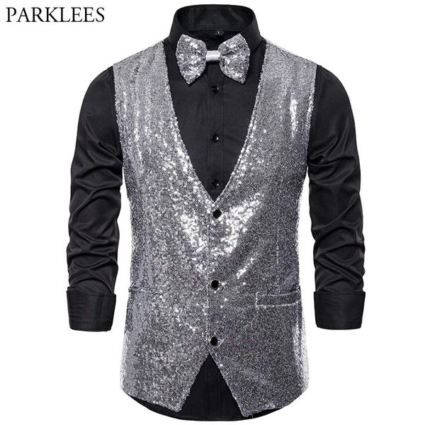 

blazers mens shiny sequins vests silver glitter waistcoat men party vest bowtie wedding nightclub dj stage men gilet suit vest masculino, White;black