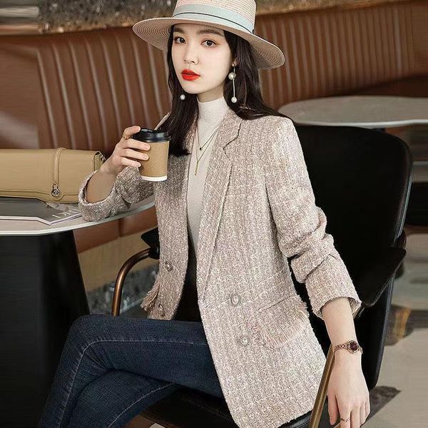 

fur 2022 new fashion autumn women blazers jacket tweed plaid small suit women woolen coats casual blended wool coat ladies outwear, Black