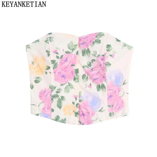 

tanks keyanketian 2022 new floral print corset hidden single breasted design one word neck cropped bottom vest vacati, Black;white