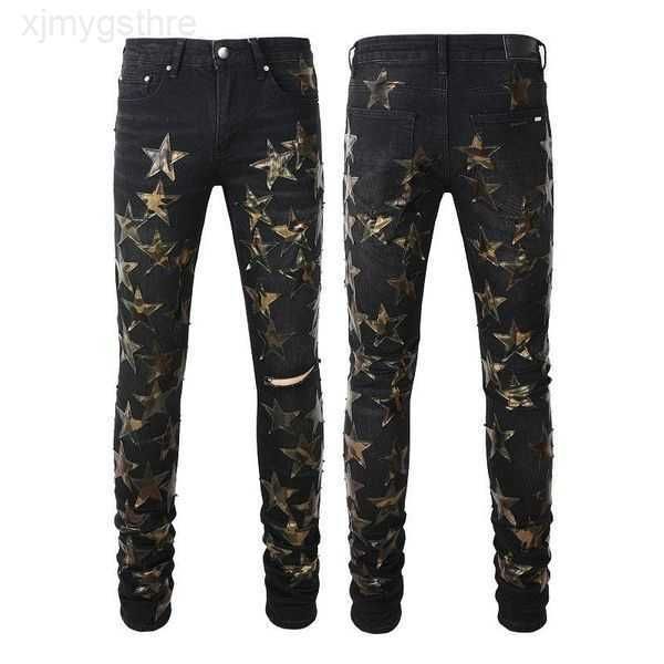

skinny jeans men black ripped man designer mens rip denim star patches straight leg zipper fly hole fashion long hip hop pants 20ss rock gre, Blue