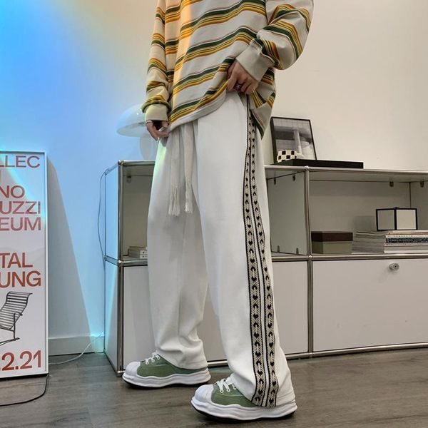 

pants men sweatpants wide leg casual pants loose straight baggy men's drawstring design striped hip hop streetwear neutral trousers, Black