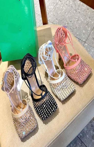 

designer sandals women stiletto heel sparkle stretch slippers ladies fringed mesh leather shoes square mouth strap pumps quali9563156, Black