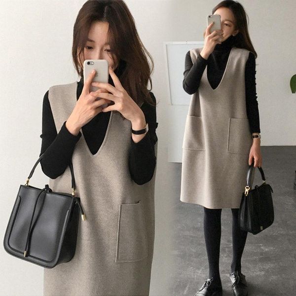 

vests autumn winter women v neck wool vest dress female loose casual jumper dress sleeveless and twopiece set dress set q76, Black;white