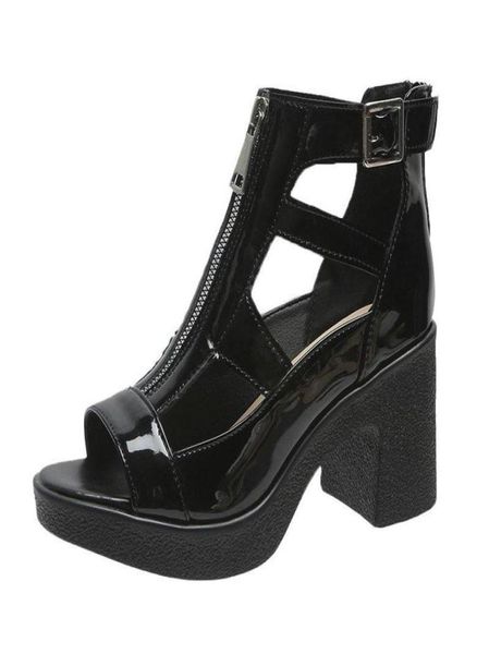 

sandals luxury women square high heeled peep toe gladiator sandalias patent leather summer heightening platform elegant shoes1202698, Black