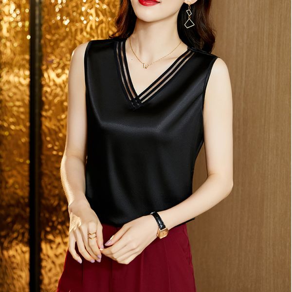 

women's tanks camis 1113 office lady satin tank women vneck elegant outwear female sleeveless t shirt slim silk basic femme summer 2304, White