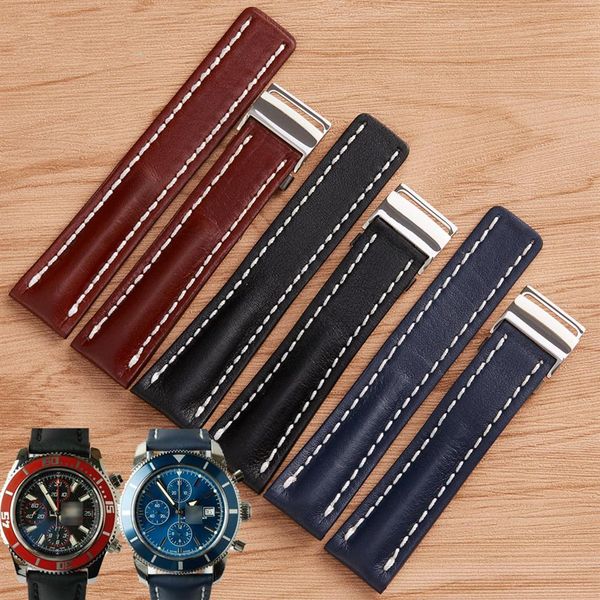 

watchband 22mm 24mm black brown blue watch band smooth leather strap with stainless steel folding buckle suitable for breitling su280p