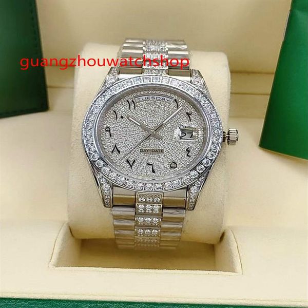 

automatic men watch 41mm silver case stones bezel and diamonds in middle of bracelet arabic numerals dial full works 246p, Slivery;brown