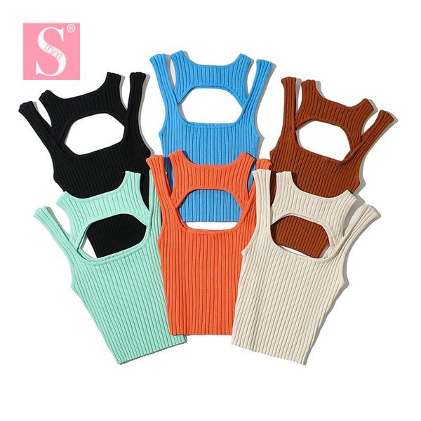 

tanks stvy 2021 new summer women solid hollow out y2k cropped tanks sleeveless backless female knitting 6 colors, Black;white