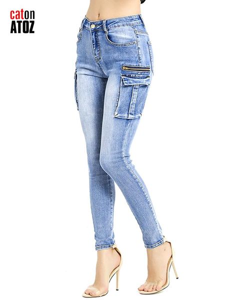 

jeans catonatoz 2237 women spring 2023 fashion cargo pants summer female zipper pocket stretch slim jeans skinny denim tousers, Blue