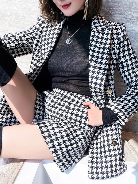 

dress autumn and winter retro houndstooth tweed jacket female shorts twopiece ol temperament western style fashion suit, White