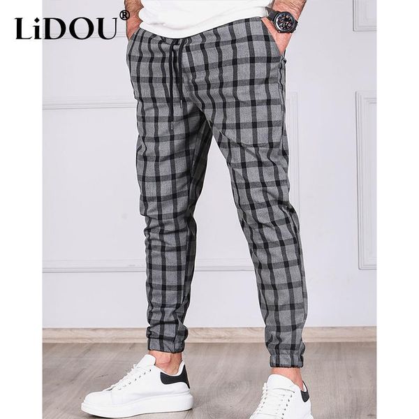 

pants new plaid striped drawstring jogger pants for men business casual pencil pant male clothes vintage printed trouser ing, Black