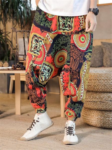 

pants summer sarouel drop crotch harem pants plus size 3xl trousers nepalese ethnic print bloomers multicolor linen yoga wear, Black