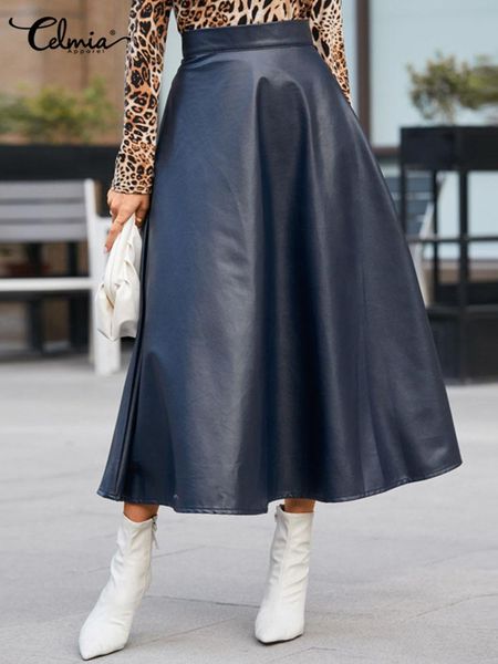 

capris 2022 celmia winter pu leather skirts women elegant ol solid office retro midi skirts oversized party skirt high waist midi skirt, Black;white