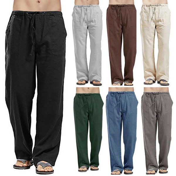 

pants men's linen trousers elastic waists loose pants fahion casual basic breathable sweatabsorbent trousers, Black