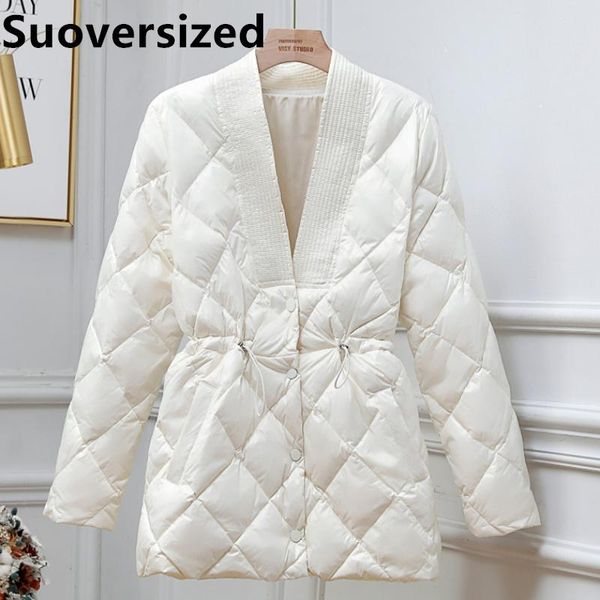 

leather women's fall winter new v neck down cotton jackets korean casual warm adjustable waist coats loose oversized white parkas, Black