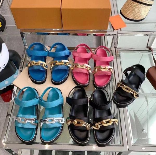 

designer gold chain sandals leather slippers hollow out platform slides fashion embossed lamb rubber slipper summer flat sandal wi9260378, Black